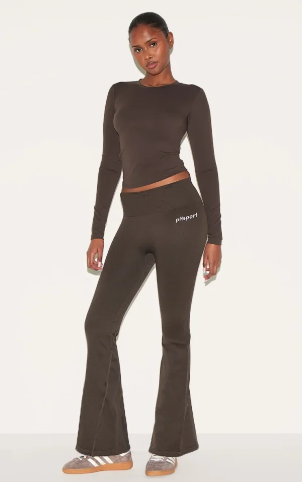 PLT SPORT Espresso Seamless Ribbed Detail High Waist Yoga Flares