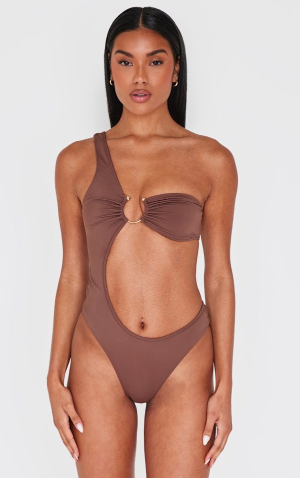 Chocolate Cut Out Trim One Shoulder Swimsuit