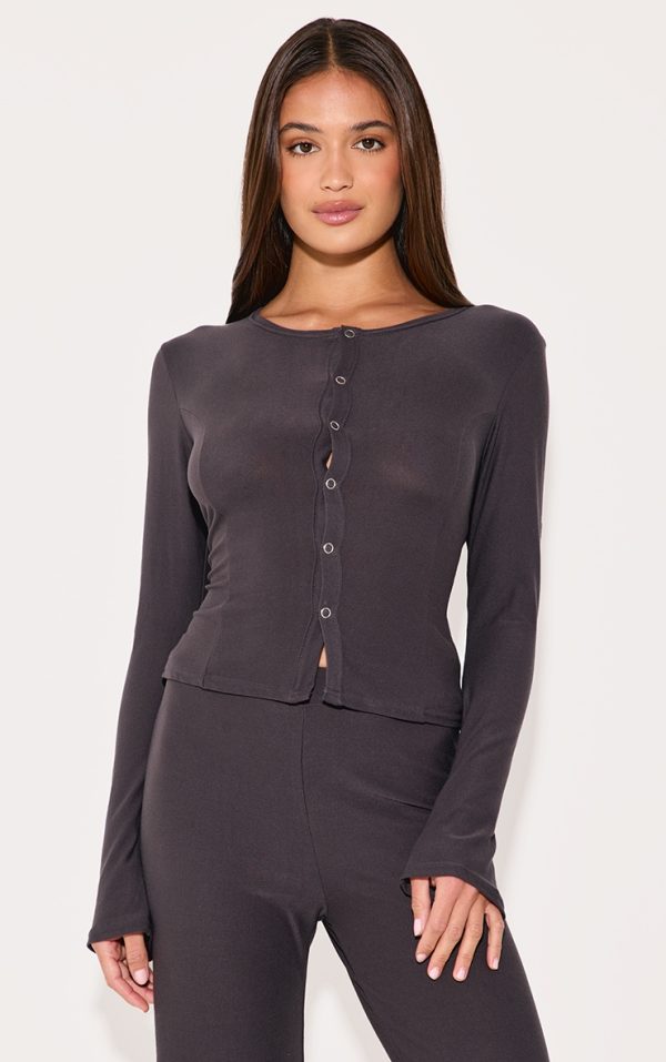 Charcoal Soft Touch Popper Fitted Long Sleeve Long Top