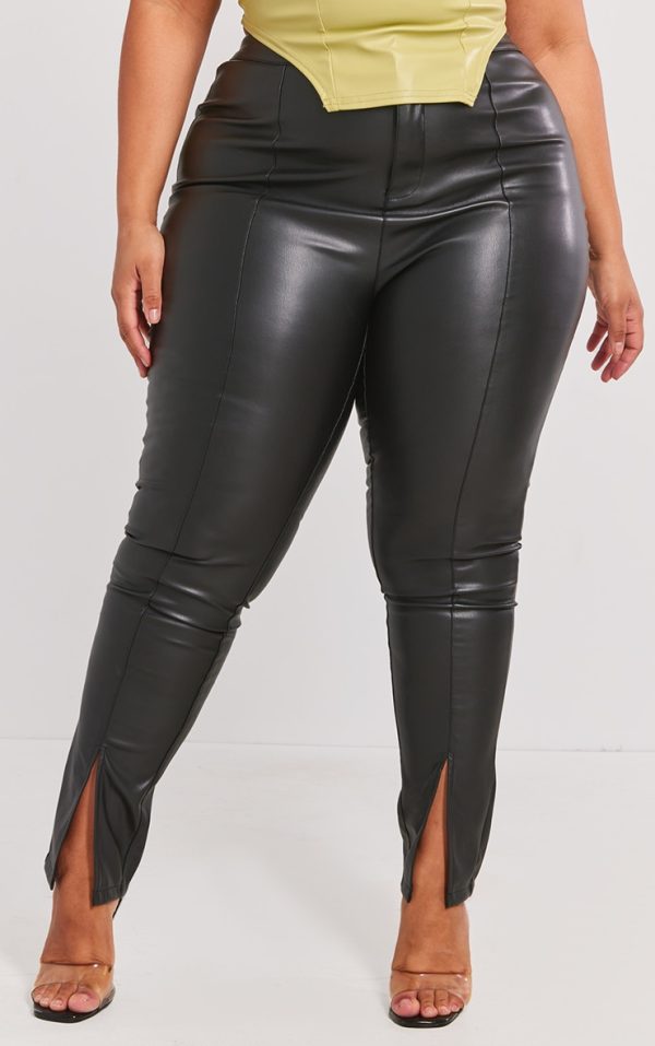 Plus Black Split Hem Faux Leather Skinny Pants