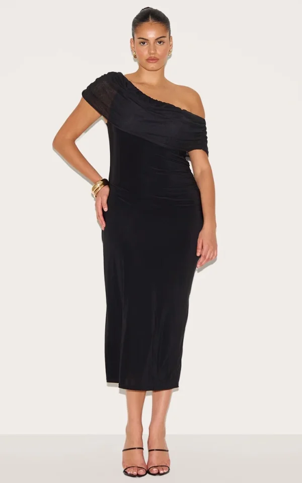 Plus Black Double Layer Slinky Mesh Overlay Maxi Dress