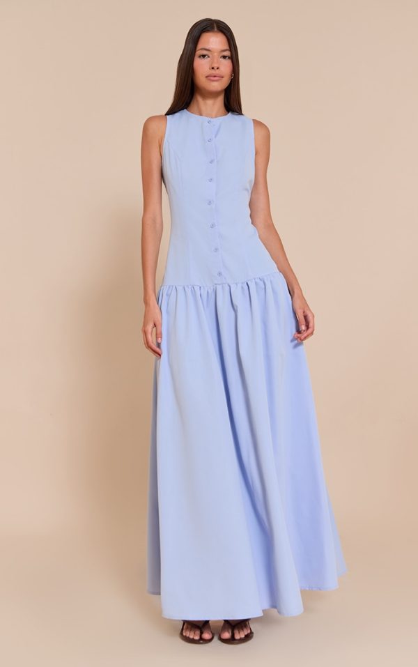 Light Blue Button Down Drop Waist Maxi Dress