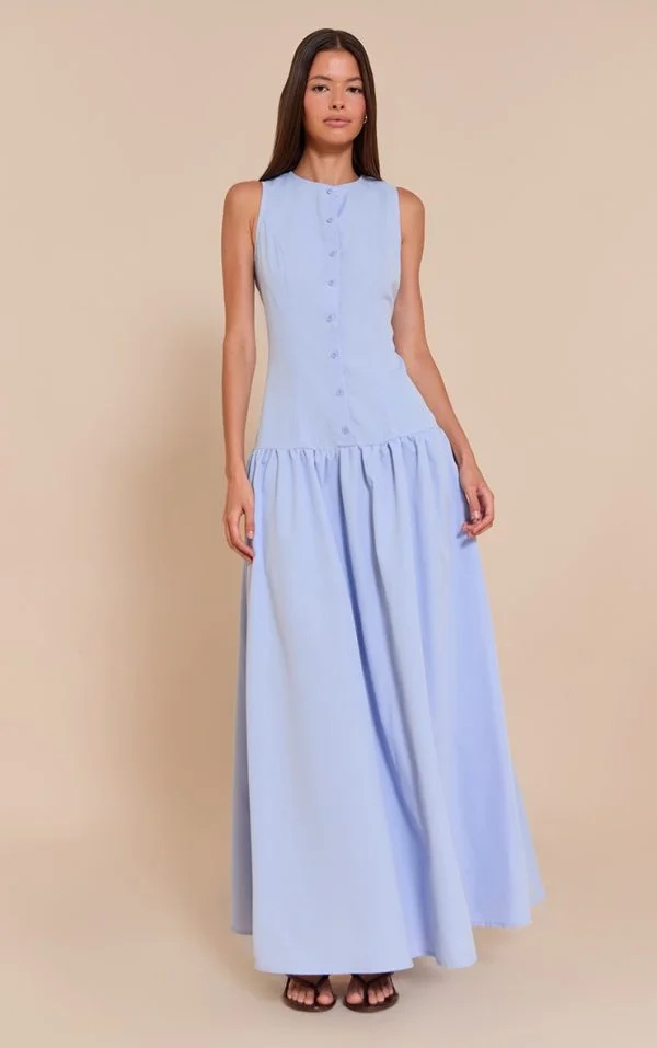 Light Blue Button Down Drop Waist Maxi Dress
