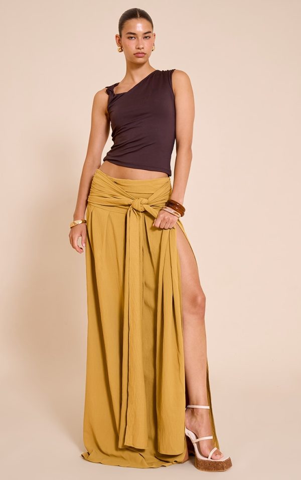 Mustard Floaty Woven Knot Front Maxi Skirt