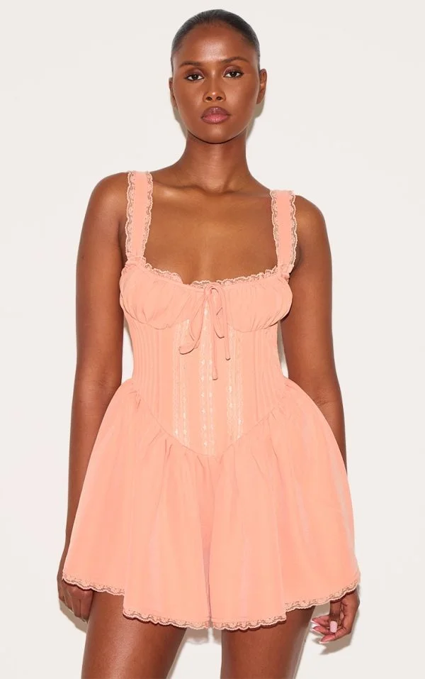 Apricot Woven Lace Detail Strappy Romper