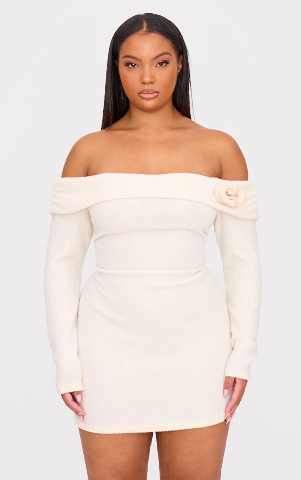 Plus Cream Brushed Rib Fold Over Bardot Corsage Detail Bodycon Dress