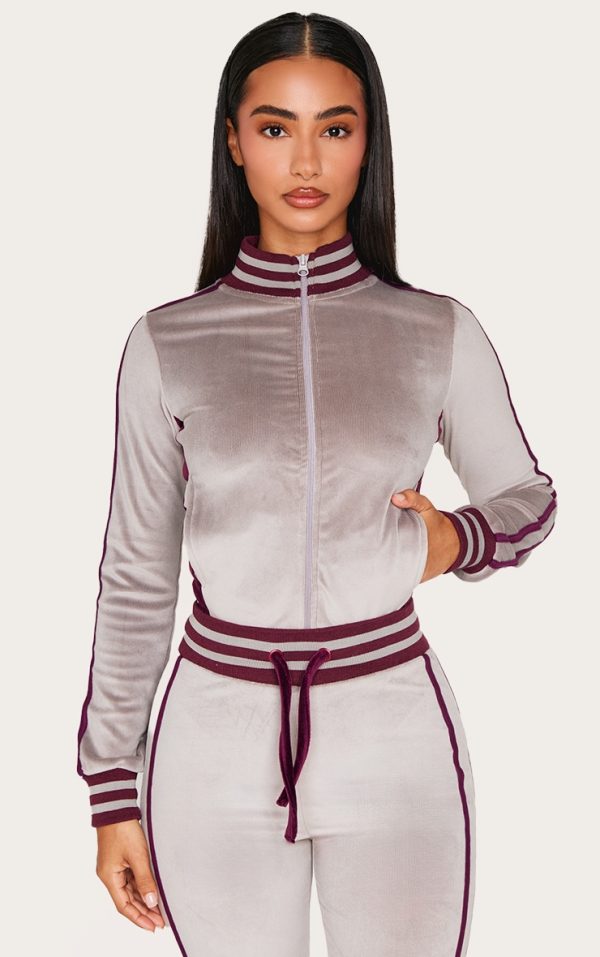 Petite Mauve Contrast Velour Fitted Longline Zip Up Jacket