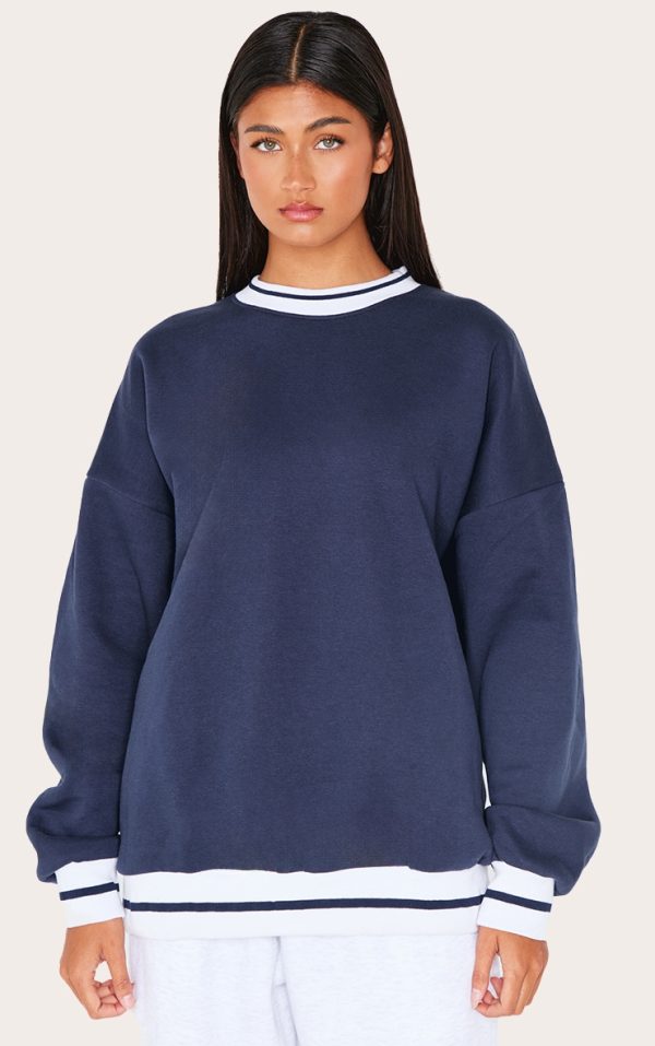 Navy Striped Ribbed Hem Oversized Sweatshirt