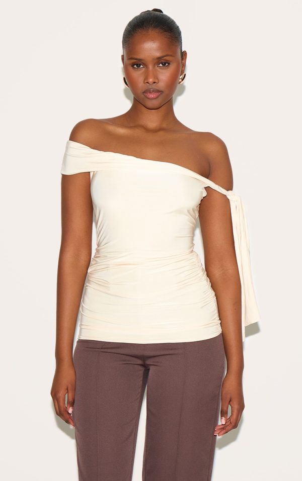 Butter Yellow Double Layer Slinky Tie Shoulder Bardot Long Top