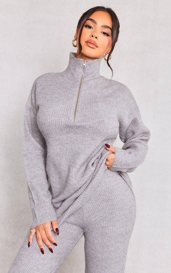 Petite Grey Marl Knit Oversized Half Zip Sweater