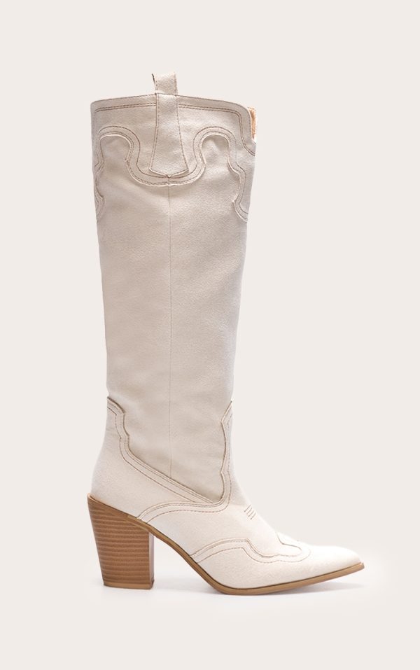 Cream Faux Suede Point Toe Western Stitch Knee High Block Heeled Boots