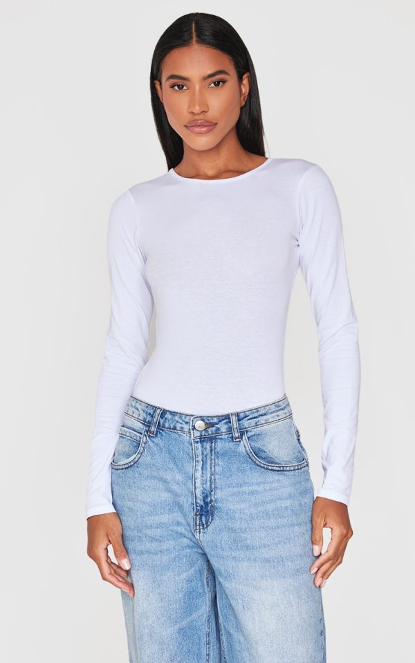 Basic White Cotton Blend Crew Neck Bodysuit