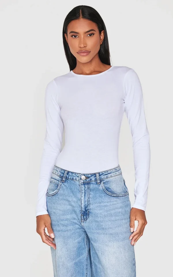 Basic White Cotton Blend Crew Neck Bodysuit