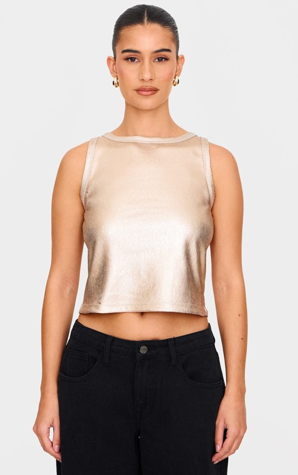 Gold Metallic Ribbed Racer Long Vest Top