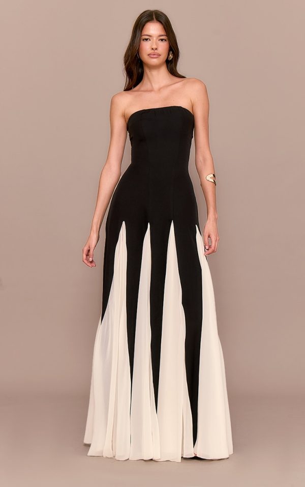 Black Bandeau Contrast Chiffon Pleated Maxi Dress