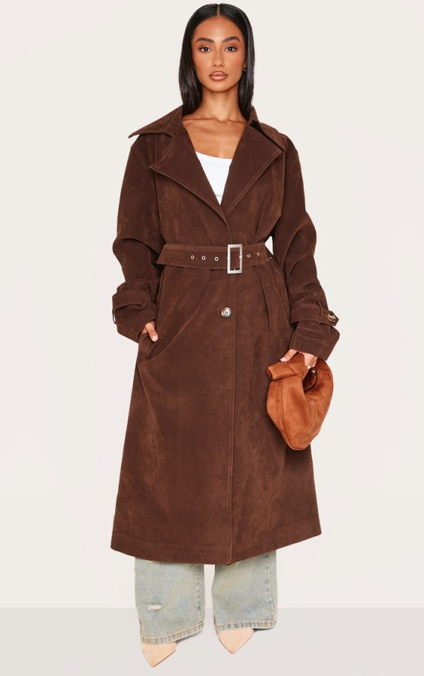 Petite Chocolate Faux Suede Belted Trench Coat