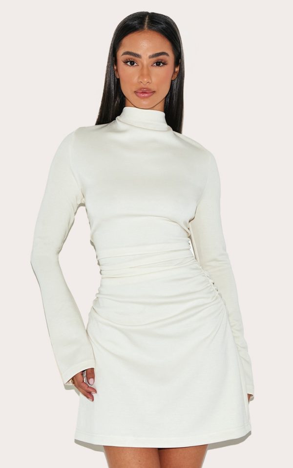 Petite Cream Modal Long Sleeve Ruched Mini Dress