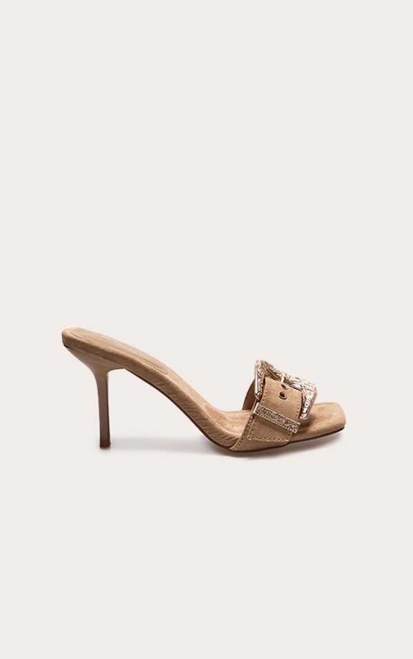 Camel Faux Suede Square Toe Western Buckle High Stiletto Heeled Mules