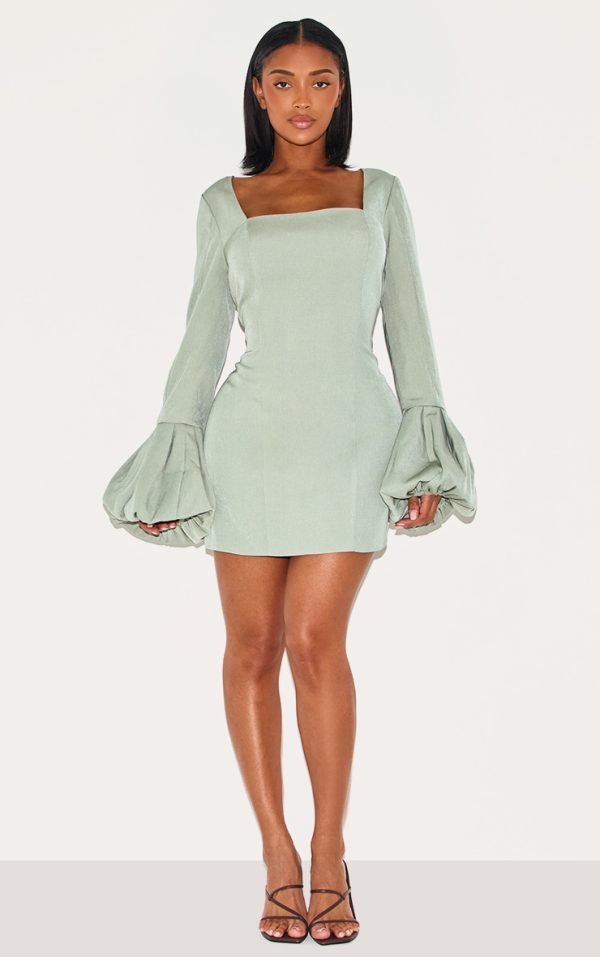 Shape Olive Woven Square Neck Puffball Sleeve Mini Dress