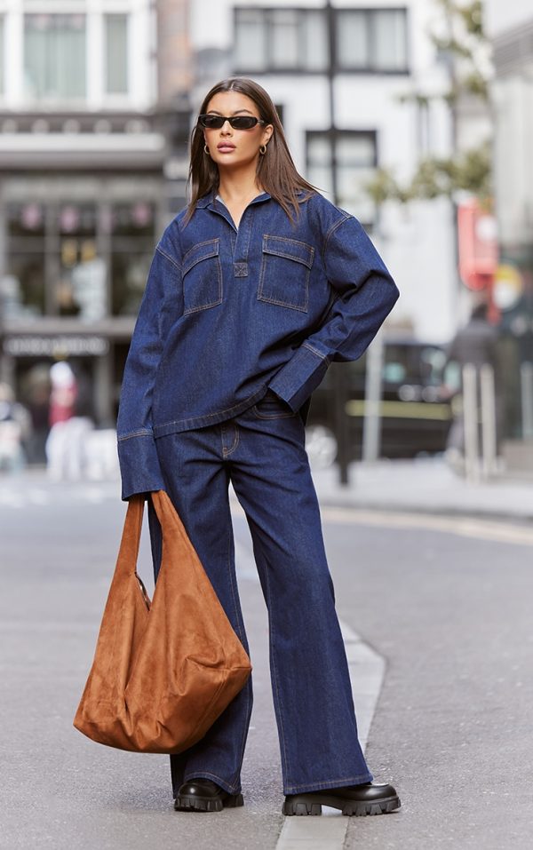 Indigo Contrast Stitch High Waist Wide Leg Jeans