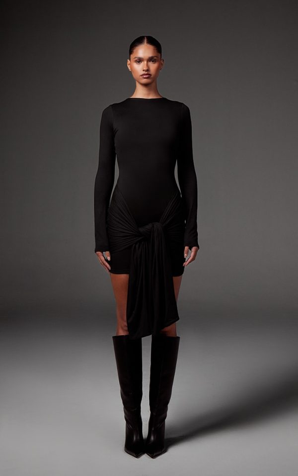 Black Double Contour Long Sleeve Wrap Detail Bodycon Dress