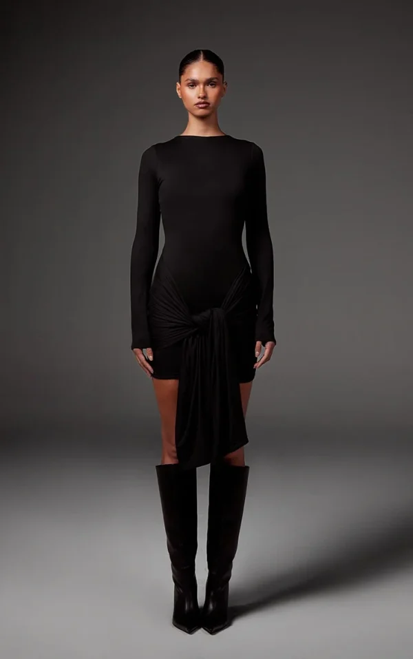Black Double Contour Long Sleeve Wrap Detail Bodycon Dress