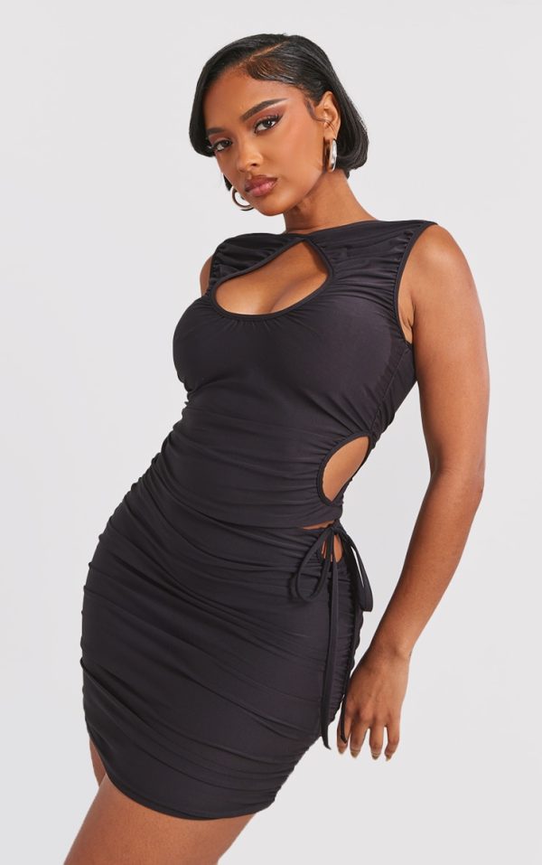 Shape Black Slinky Ruched Cut Out Longline Top