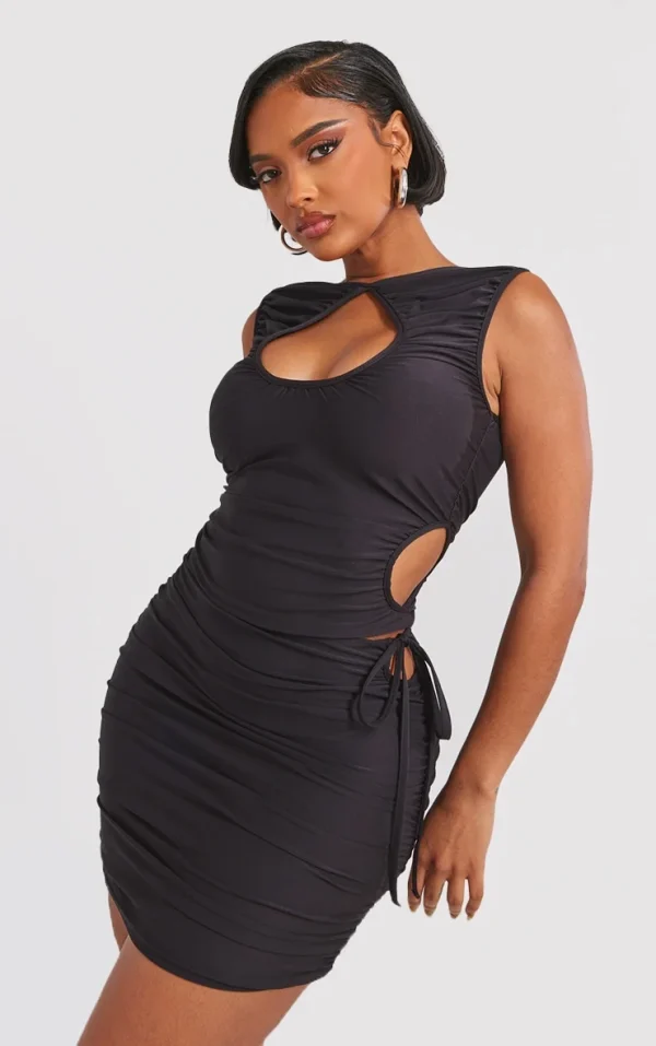 Shape Black Slinky Ruched Cut Out Longline Top