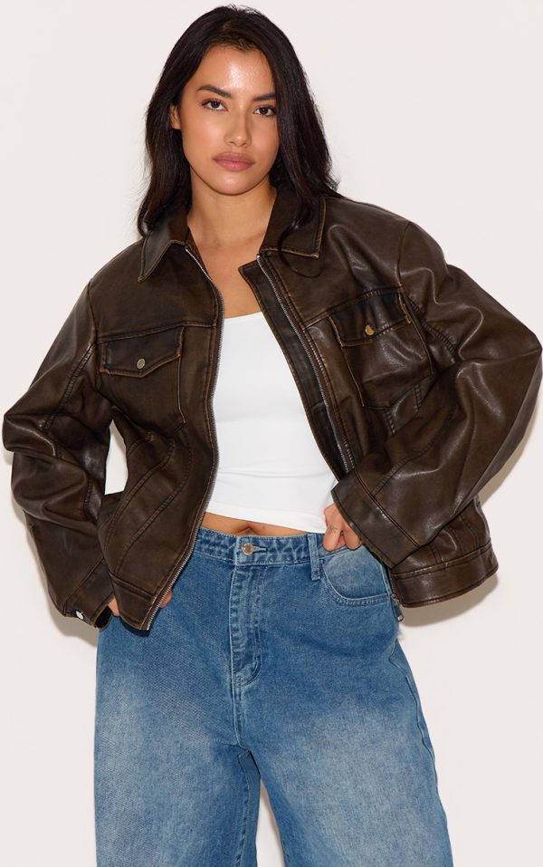 Plus Black Brown Faux Leather Wash Pocket Detail Jacket