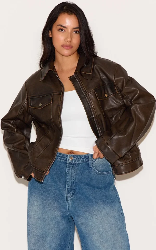 Plus Black Brown Faux Leather Wash Pocket Detail Jacket