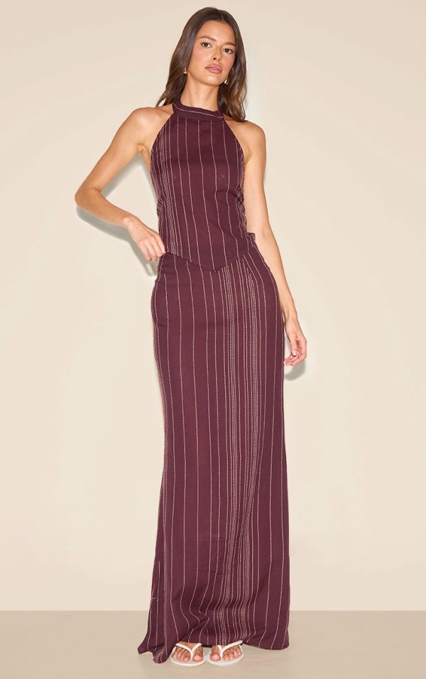Dark Brown Embroidered Stripe Maxi Skirt