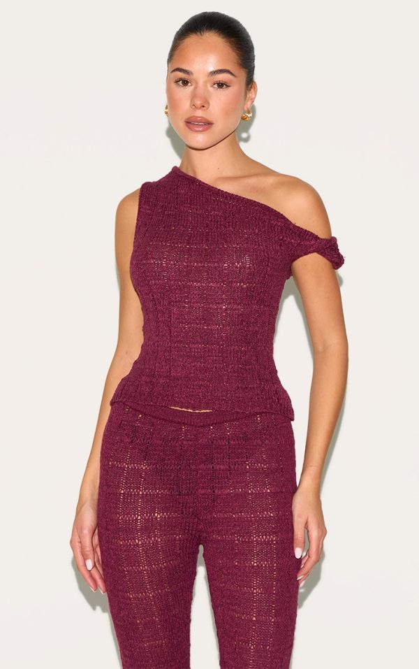 Wine Textured Filigree Knit Twist Neck Vest Top