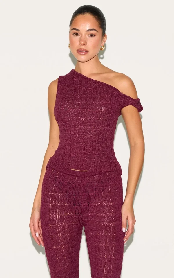 Wine Textured Filigree Knit Twist Neck Vest Top