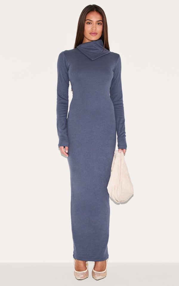 Navy Rib Oversized Collar Maxi Dress