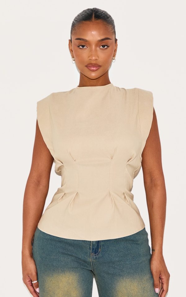 Shape Pebble Stretch Woven Cinched Waist Boat Neck Peplum Top