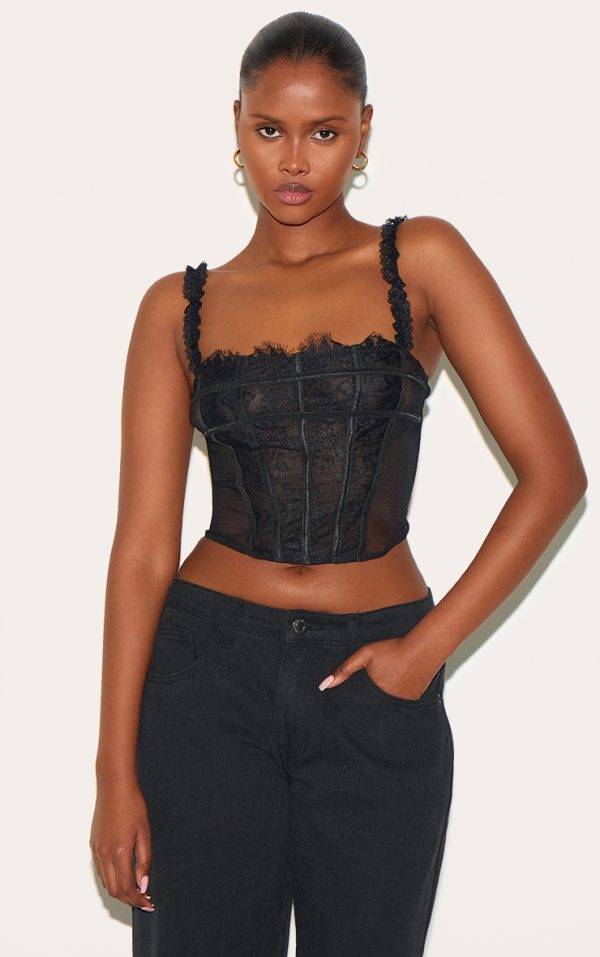 Black Mesh Lace Panel Curved Hem Corset