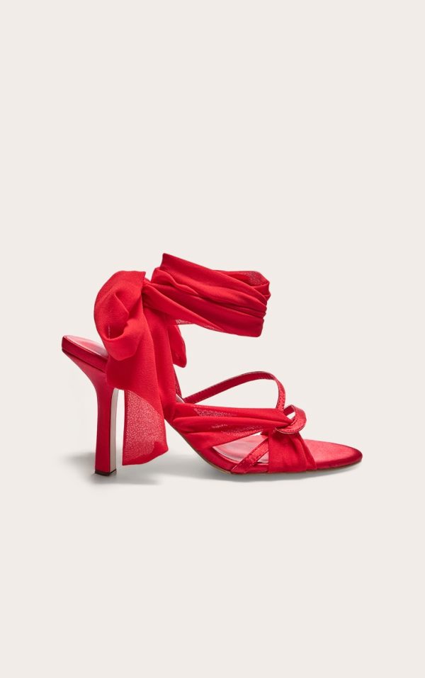 Red Satin Round Toe Lace Up Ribbon High Heeled Sandals