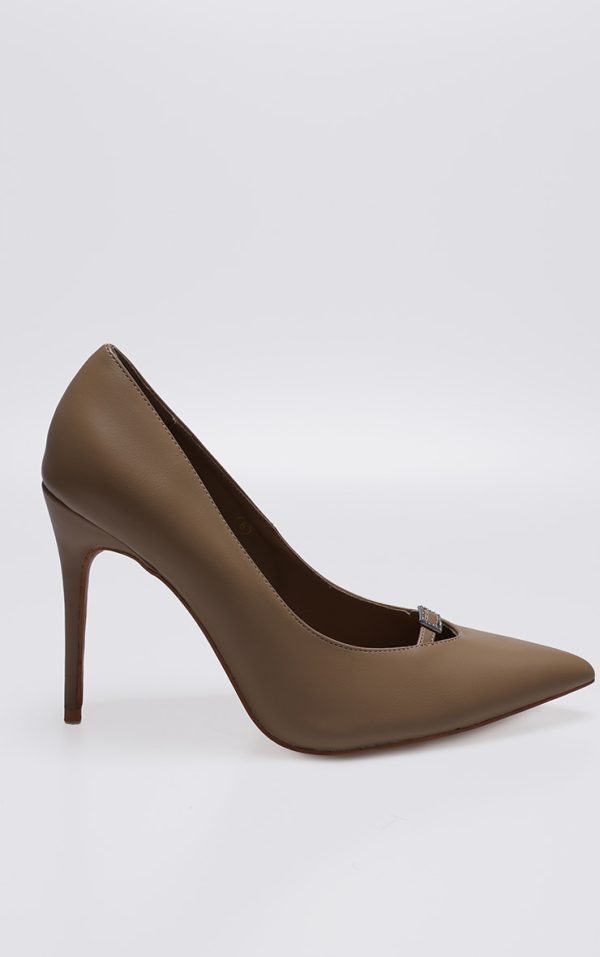 Beige Wide Fit PU Diamante Buckle Detail High Stiletto Court Heels