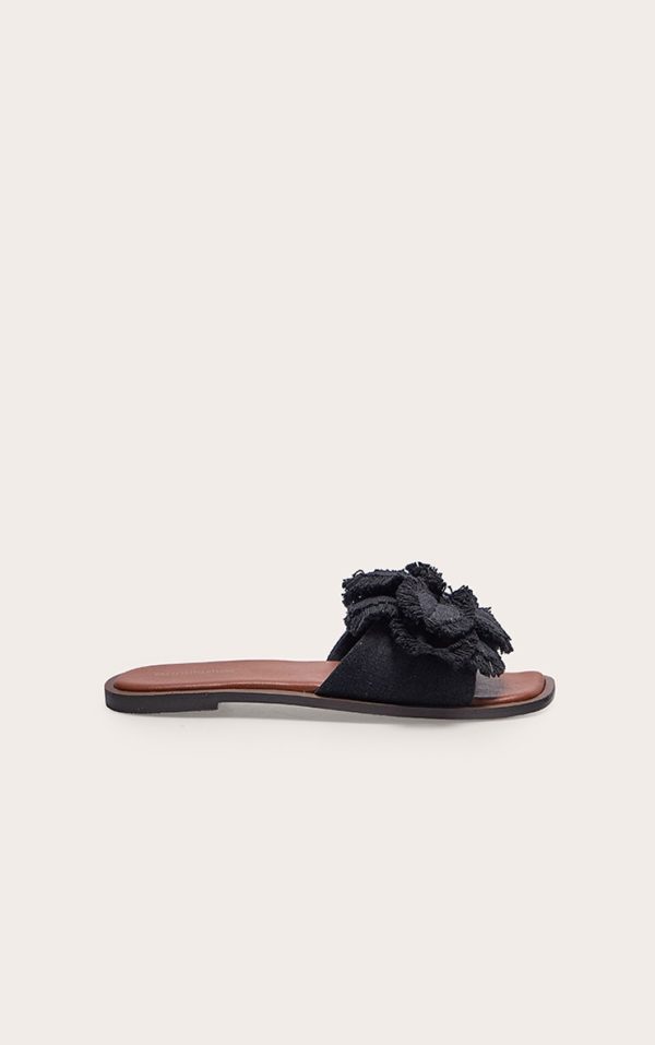 Black Linen Round Toe Flower Strap Mule Sandals