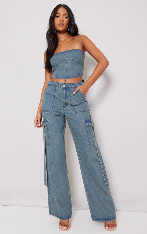 Tall Indigo Vintage Wash Mid Rise Denim Wide Leg Cargo Jeans
