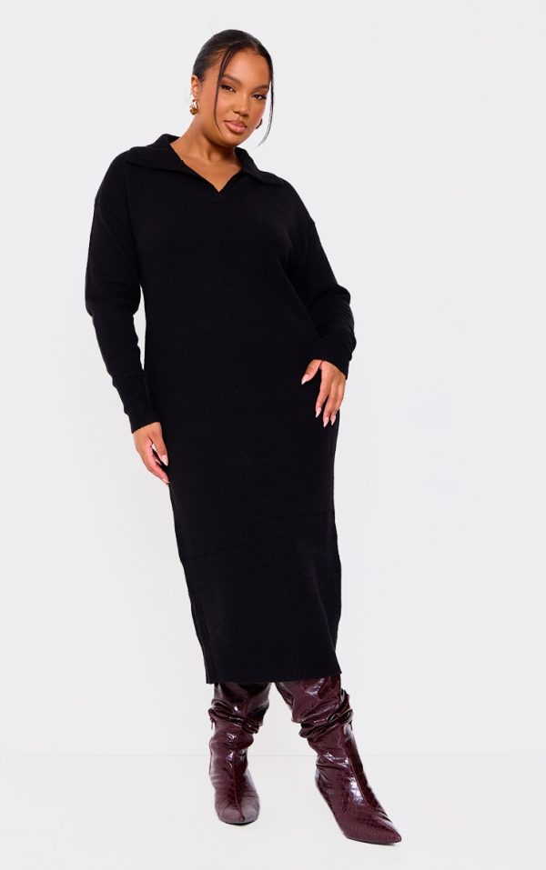 Plus Black Collar Detail Cosy Knitted Midaxi Dress