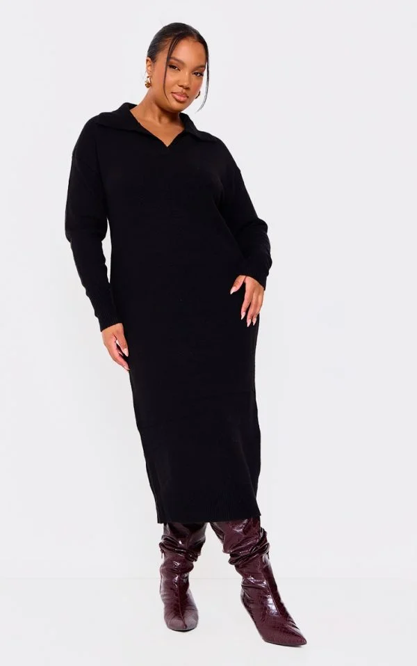 Plus Black Collar Detail Cosy Knitted Midaxi Dress