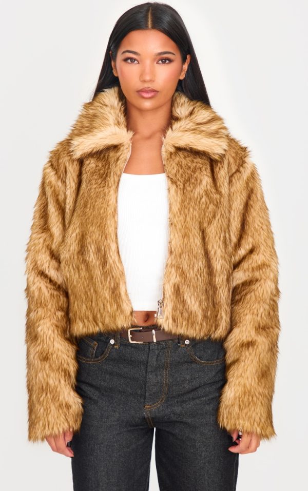 Brown Natural Faux Fur Collar Detail Zip Up Jacket