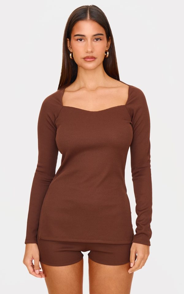 Chocolate Ottoman Ribbed Detail Long Sleeve Top