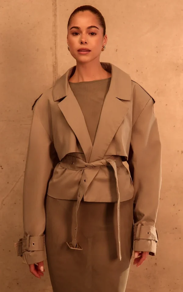 PLT Label Taupe Belt Detail Cropped Trench Coat