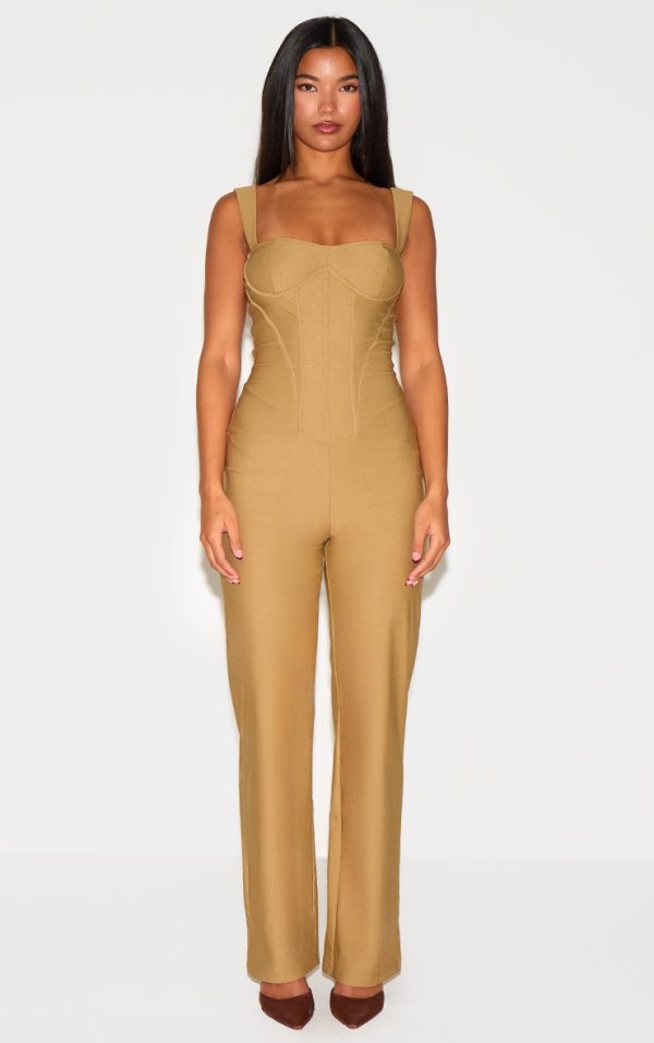Khaki Woven Corset Binding Strappy Straight Leg Jumpsuit