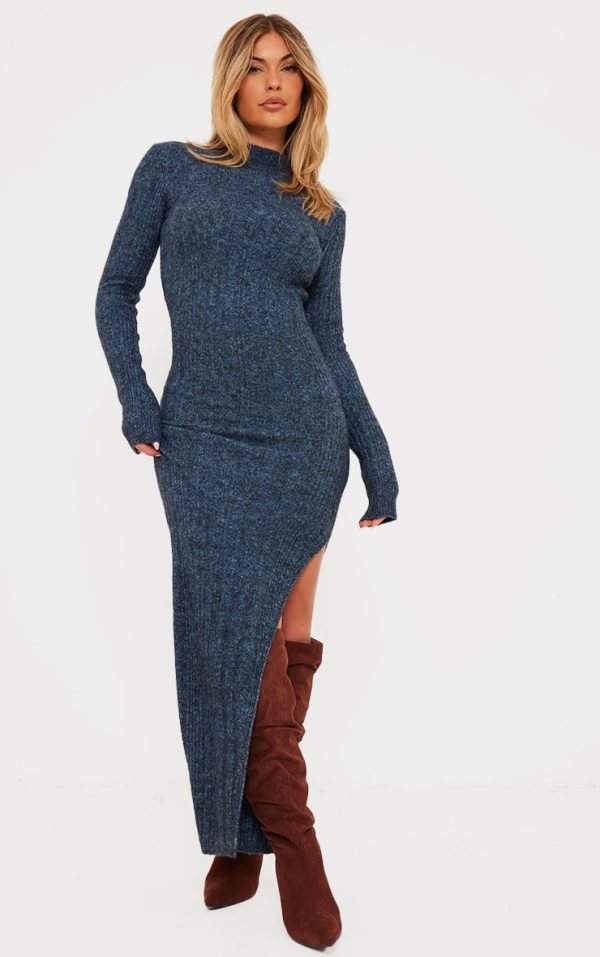Charcoal Blue Luxe Knit High Neck Long Maxi Dress