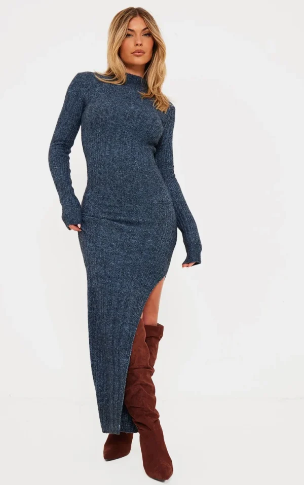 Charcoal Blue Luxe Knit High Neck Long Maxi Dress