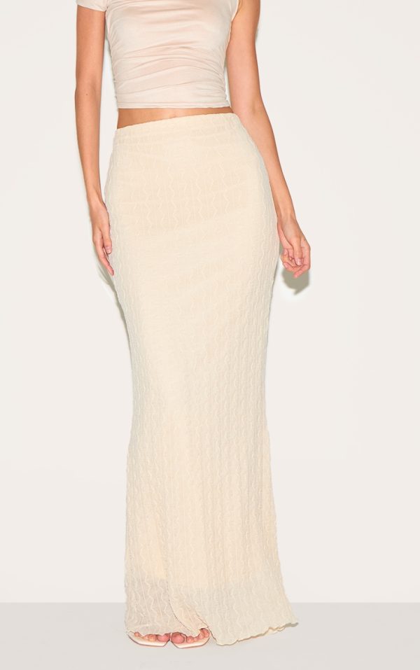 Cream Textured Ruched Maxi Skirt
