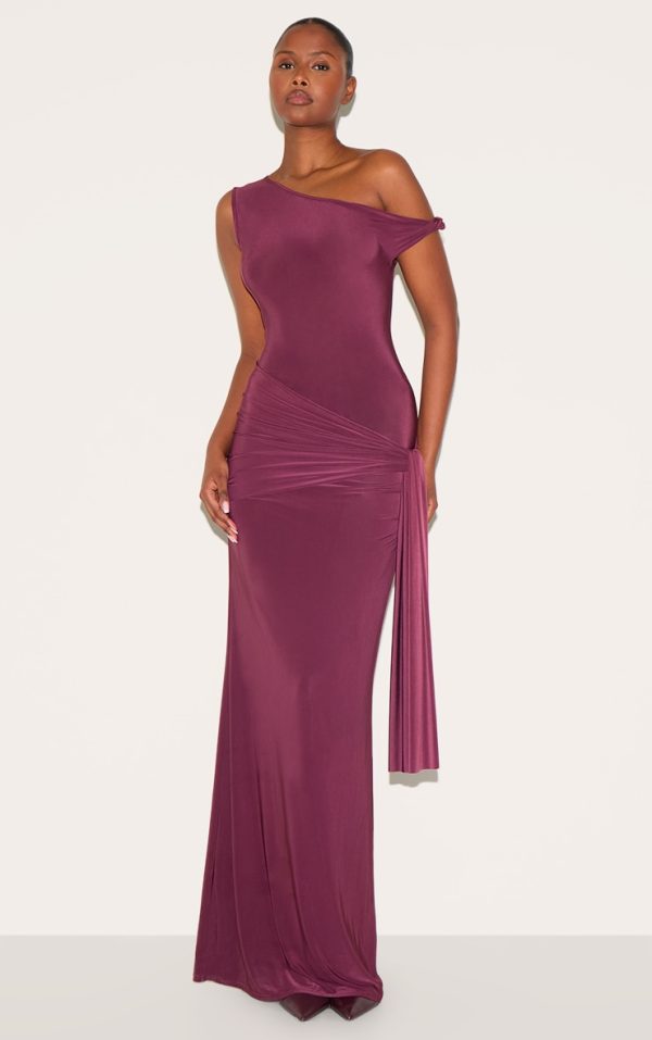 Plum Slinky Off Shoulder Wrap Detail Maxi Dress